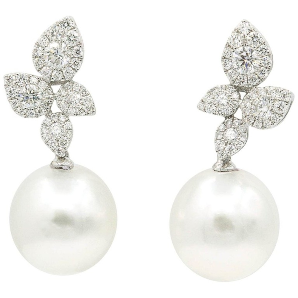 South Sea Pearl Diamond Cluster Earrings 1.05 CTS